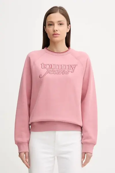 Mikina Tommy Jeans dámská, oranžová barva, s aplikací, DW0DW21196