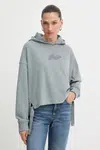 Bavlněná mikina BOSS Orange dámská, šedá barva, s kapucí, s aplikací, 50545507