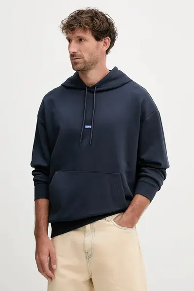 Bavlněná mikina Hugo Blue pánská, béžová barva, s kapucí, hladká