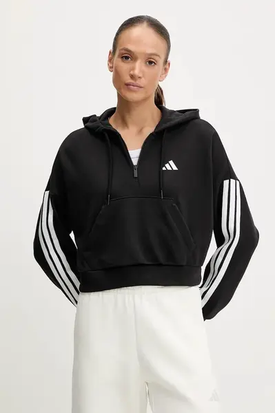 Mikina adidas Essentials 3-Stripes dámská, černá barva, s kapucí, s aplikací, JN1956