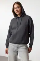 Trendyol Anthracite Oversize Thick Fleece Lined Hooded Knitted Sweatshirt