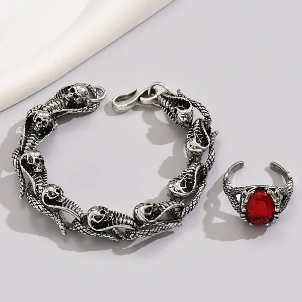 Gothic Stainless Steel Skull Snake Bracelet & Glass Cuff Ring Set