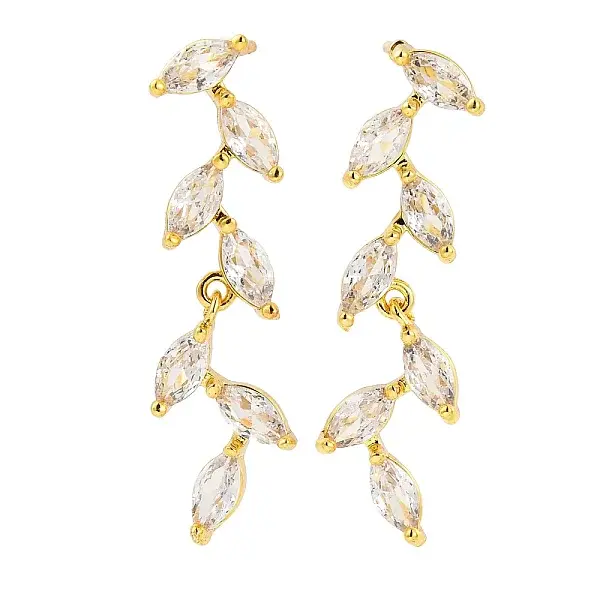 Leaf Brass Micro Pave Clear Cubic Zirconia Dangle Stud Earrings