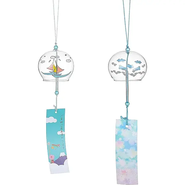 2Pcs 2 Styles Round with Boat & Bird Pattern Glass Wind Chime