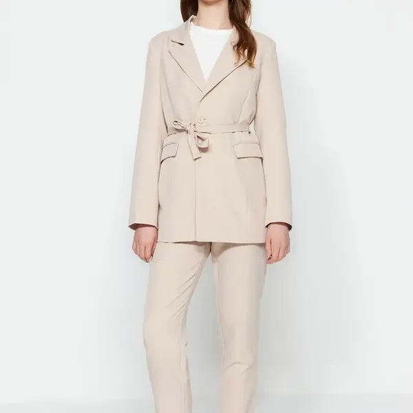 Trendyol Stone Tie Detail Lined Crepe Jacket-Trousers Woven Two Piece Set