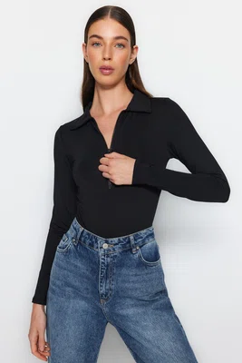 Trendyol Black Zipper Collar Detailed Snap Snap Elastic Knitted Bodysuit