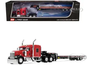 Kenworth W900L with 72" AeroCab Sleeper and Landoll 440B50CA Traveling Axle Trailer Viper Red and Black 1/64 Diecast Model by DCP/First Gear
