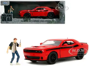 2015 Dodge Challenger Red with Black Stripes and Glenn Diecast Figure "The Walking Dead" (2010-2022) TV Series "Hollywood Rides" Series 1/24 Diecast