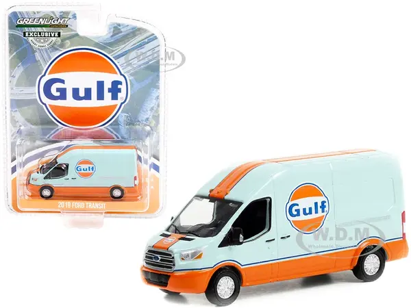 2019 Ford Transit LWB High Roof Van "Gulf Oil" Light Blue and Orange "Hobby Exclusive" 1/64 Diecast Model Car by Greenlight
