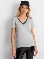 V-neck blouse decorated with gray lace