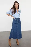 Trendyol Dark Blue Stitch Detailed Maxi Denim Skirt