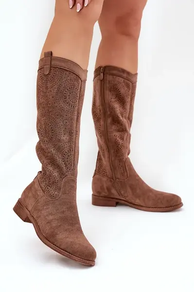 S. BARSKI Čižmy S Ažúrovým Zvrškom Na Plochéj Päte Hnedé S.Barski