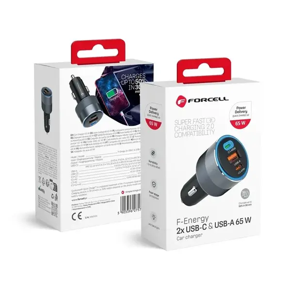 Forcell nabíječka do auta 2x USB-C, USB-A, 65W, šedá