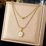 304 Stainless Steel with Natural White Shell Square Disc Pendant Double Layer Necklaces