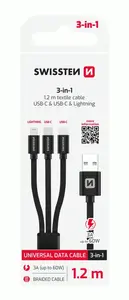 SWISSTEN DATOVÝ KABEL TEXTILE 3in1 1,2 M, Lightning, 2x USB-C, ČERNÁ