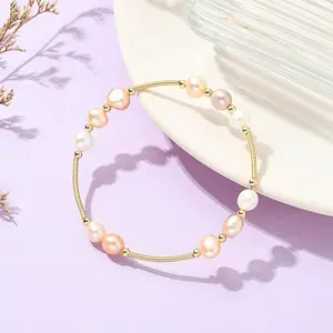 Nuggets Natural Cultured Freshwater Pearl & Brass Beaded Bangles