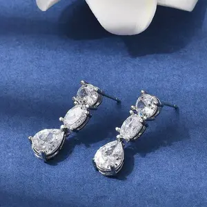 Teardrop Brass Micro Pave Clear Cubic Zirconia Dangle Stud Earrings