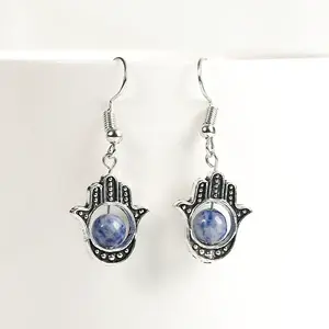 Natural Crystal Stone Hamsa Hand & Round Dangle Earrings