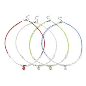 Glass Teardrop Pendant Necklace with Seed Beaded Chains