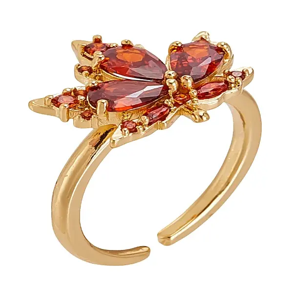 1Pc Brown Glass Maple Leaf Open Cuff Ring with Cubic Zirconia