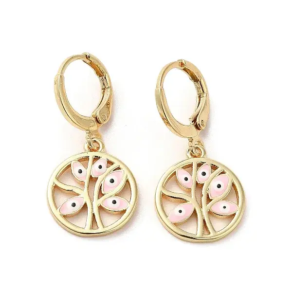 Tree with Evil Eye Real 18K Gold Plated Brass Dangle Leverback Earrings