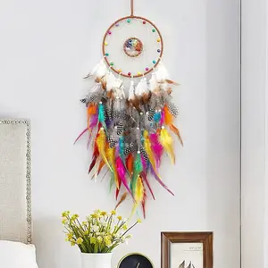 Natural Mixed Stone Chips & Woven Net/Web with Feather Hanging Ornaments