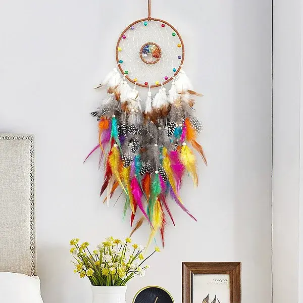 Natural Mixed Stone Chips & Woven Net/Web with Feather Hanging Ornaments
