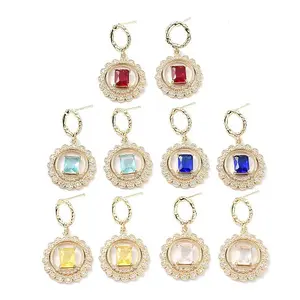 Flat Round Light Gold Brass Micro Pave Cubic Zirconia Stud Earrings