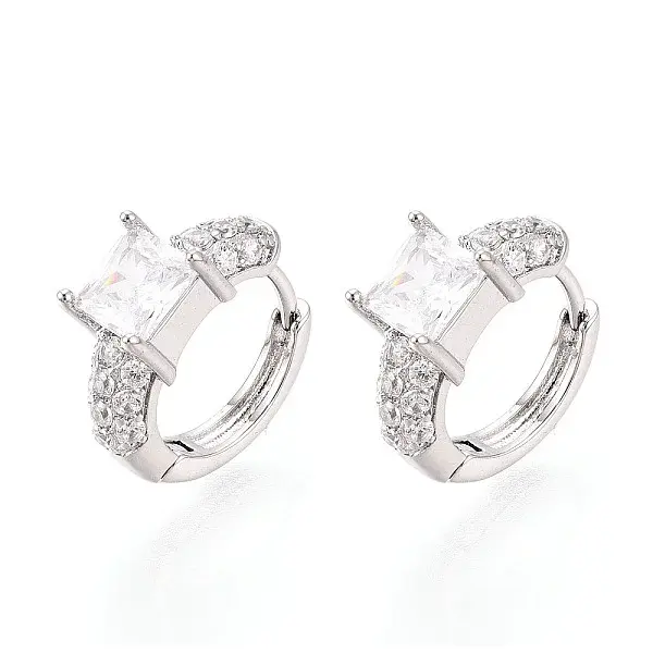 Brass Micro Pave Clear Cubic Zirconia Square Hoop Earrings
