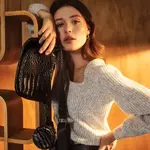 Marisse Imitation Snakeskin Shoulder Bag, Black