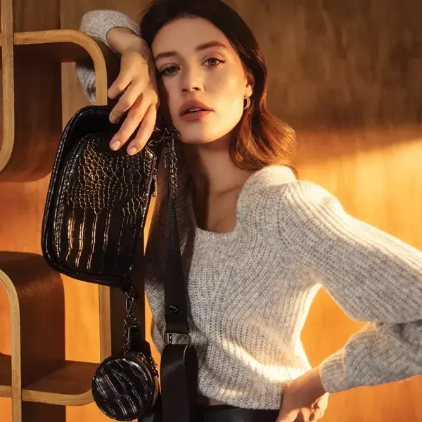 Marisse Imitation Snakeskin Shoulder Bag, Black