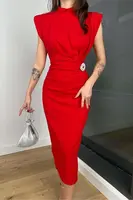 69862 Dewberry Brooched Padded Crepe Women Dress-RED