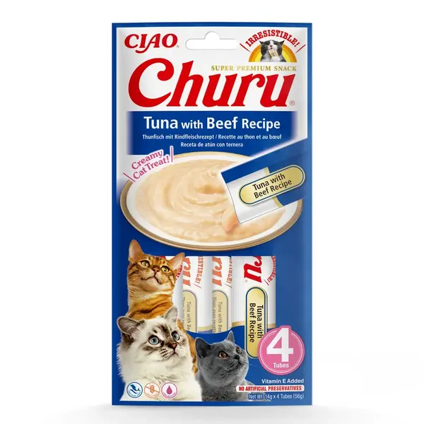 Inaba Cat Ciao Churu krémové krmivo pre mačky - tuniak, hovädzie 3 x (4 x 14 g)