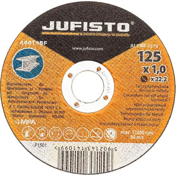 Kotúč korundový, na rezanie kovu, 125x1.0x22.2 mm, Jufisto