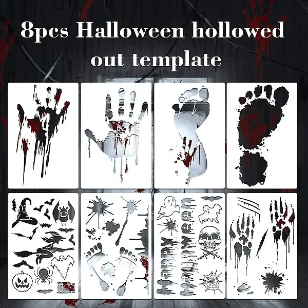 8Pcs Halloween Footproot Handprint PET Painting Stencils