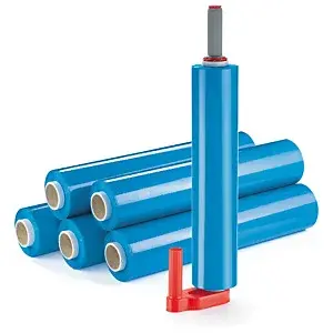 Sada 6 rolí stretch fólie šířka 500mm, délka 300m, modrá, neprůhledná, tloušťka 23µm + 1 plastový odvíječ | RAJA