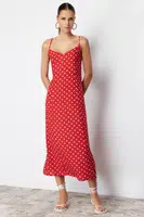 Trendyol Red Polka Dot A-Cut Back Tie Detailed Midi Woven Dress