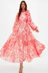 Trendyol Red Floral Patterned Lined Long Chiffon Evening Dress