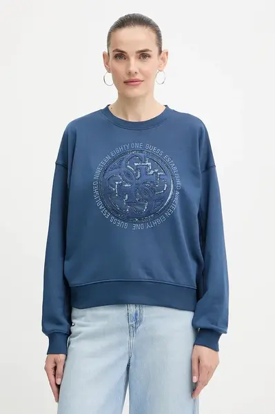 Mikina Guess 4G dámská, modrá barva, s aplikací, W5YQ07 KB681