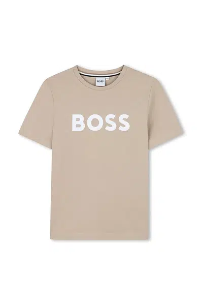Dětské bavlněné tričko BOSS béžová barva, s potiskem, J52030