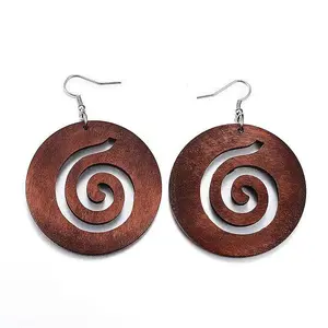 Trendy Flat Round Wood Dangle Earrings