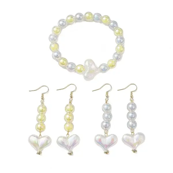 Round & Heart Acrylic Beads Bracelet & Dangle Earring Set