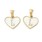 304 Stainless Steel Pave Natural White Shell Heart with Initial Slice Pendants