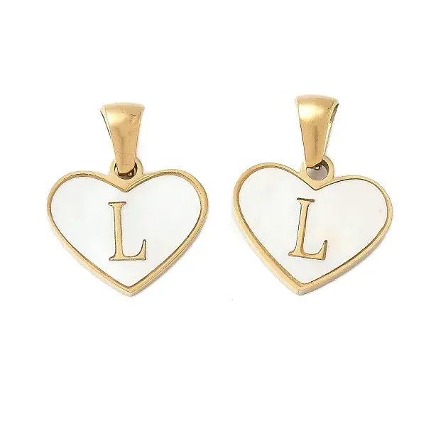 304 Stainless Steel Pave Natural White Shell Heart with Initial Slice Pendants