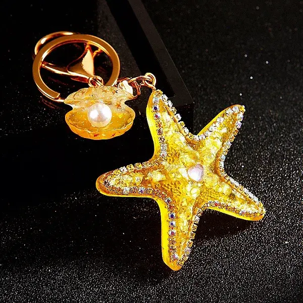 Diamond-Studded Starfish Shell Car Zinc Alloy Keychain Acrylic Cute Men and Women Bag Pendant Metal Keychain Ring Gift
