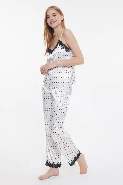 Trendyol White Polka Dot Satin Pajamas Set