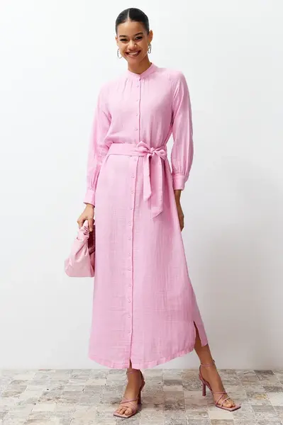 Trendyol Pink Judge Collar Belted Buttoned Woven Shirt Dress