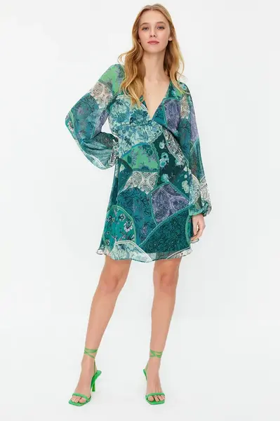Trendyol Green Ethnic Patterned A-Line Collar Tied Mini Lined Chiffon Woven Dress