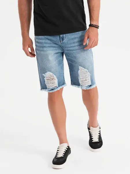 Ombre Men's short denim shorts with rips and holes - light blue