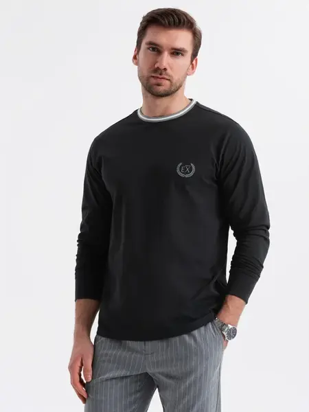 Ombre Men's cotton longsleeve with striped U neckline and embroidery - black